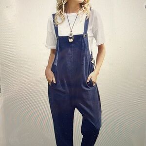 Casual Loose Bib Pants Overalls,Cotton Harem Jumpsuit with Pockets, Navy, M